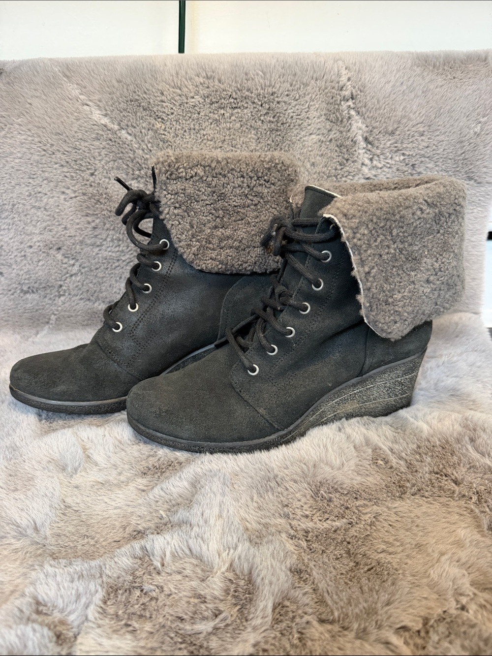 Women’s Black -Suede Wedge Ankle Boots with Shearling Cuff